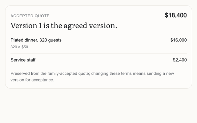 A quote and its versions — the accepted one locked.