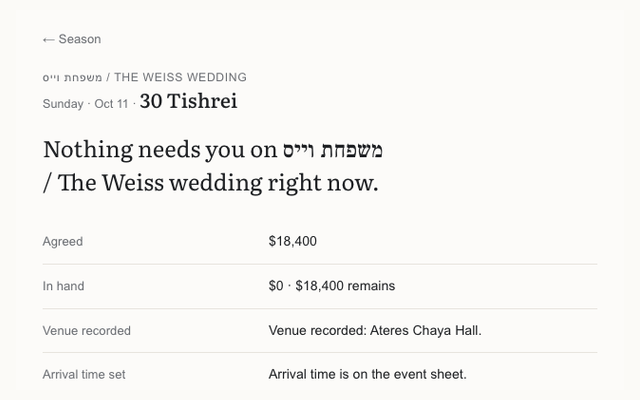 A booking record showing the agreed amount, what is in hand, and the simcha it belongs to — Hebrew names shown correctly.